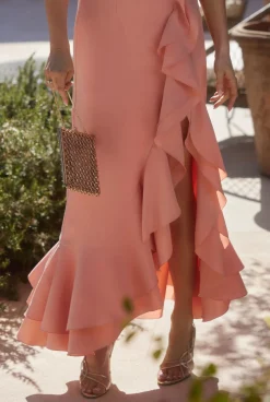 Store Airine - Corset Dress In Peach Shade With Asymmetrical Neckline And Frills Women Prom