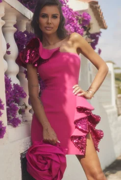 Fashion Luka - Fuchsia Colored Fitted Mini Dress With Sequin Ruffles Women Wedding