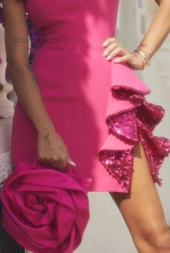Fashion Luka - Fuchsia Colored Fitted Mini Dress With Sequin Ruffles Women Wedding