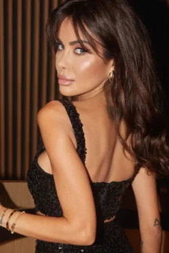 Outlet Sandre - Sequin Black Dress With Skirt And Bustier Cut Joined At The Front With A Crossbody Belt Women Wedding