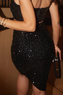 Outlet Sandre - Sequin Black Dress With Skirt And Bustier Cut Joined At The Front With A Crossbody Belt Women Wedding