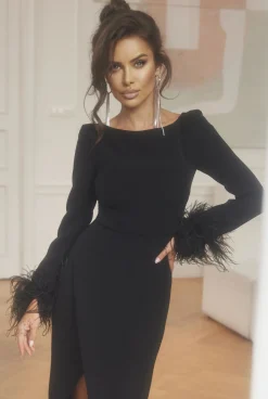Discount Soledad - Black Midi Dress With Feathers For Special Occasions Women New Year'S Eve