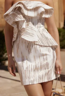 Sale Zoila - Dazzling White Mini Dress With Gold Sequins Women Wedding