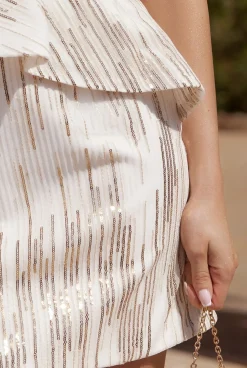 Sale Zoila - Dazzling White Mini Dress With Gold Sequins Women Wedding